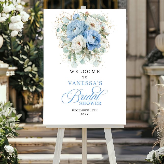 Poster Boho Azul e Dourado Bem-vindo ao Chá de Bebê da No (Boho Blue and Gold Floral Bridal Shower Welcome)