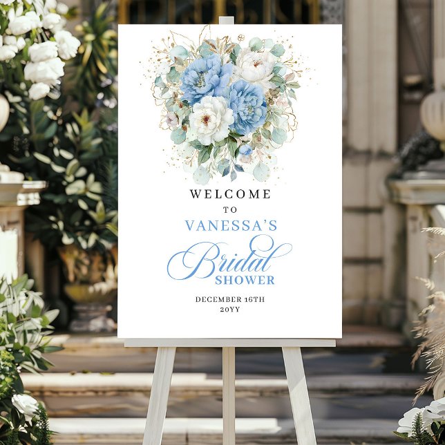 Poster Boho Azul Pastel Flores Chá de Bebê de Noiva Bem-V (Boho Pastel Blue Flowers Bridal Shower Welcome)