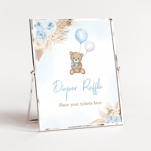 Poster Boho Azul Podemos Brindar Fralda Raffle (Blue Pampas Grass Boho Bear Baby Shower Diaper Raffle Sign)