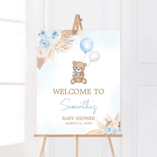 Poster Boho Azul Podemos Esperar Bem-Vindo (Blue Pampas Grass Boho Bear Baby Shower Welcome Sign)