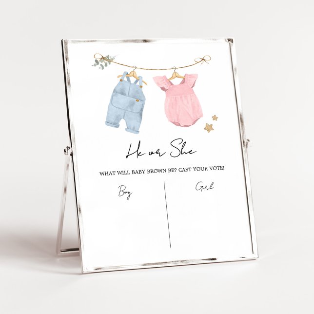 Poster Boho Baby Clothes Gender Reveal Sign (Boho Baby Clothesline Baby Shower Voting Sign)