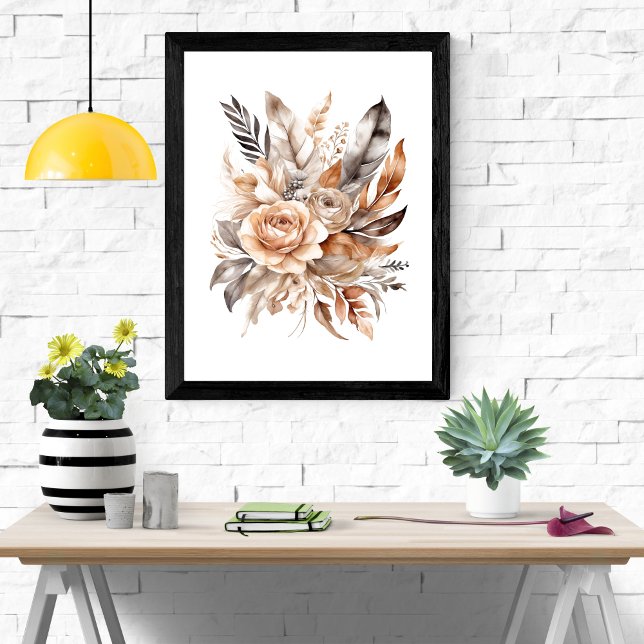 Poster Boho Bege Cinza Floral Botânico Penas  (Boho Floral Feathers Botanicals Beige Gray Neutral Colors Wall Art poster)