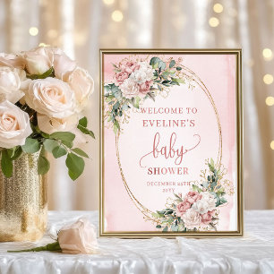 Poster Boho Bem-Vindo Rosa Flores Sinal de Chá de Bebê