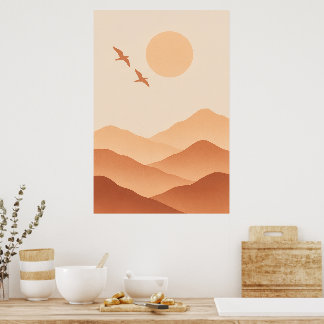 Poster Boho Birds & Montanha Sol – Natureza Minimalista