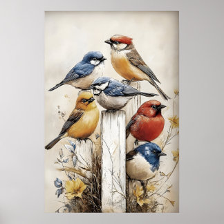 Poster Boho Birds On Fence Print, Bird Rustic Nursery