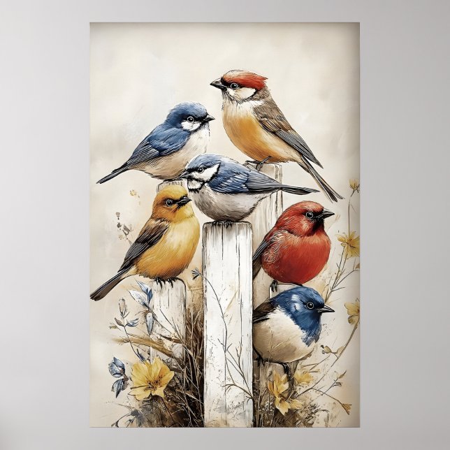 Poster Boho Birds On Fence Print, Bird Rustic Nursery (Frente)