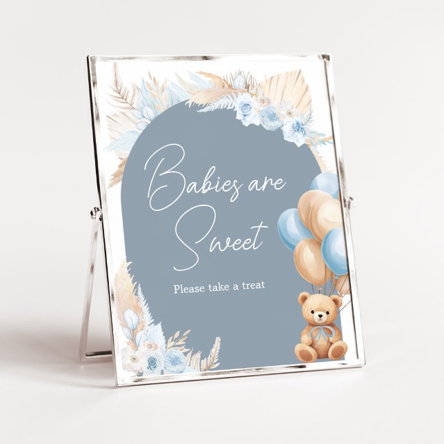 Poster Boho Blue Bear Balloon Bebês são doces (Sage Blue Balloons Baby Shower Babies are Sweet Sign)