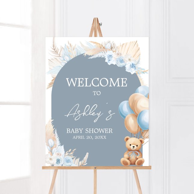 Poster Boho Blue Bear Balloon Chá de fraldas Bem-vindo (Sage Blue Balloons Baby Shower Welcome Sign)
