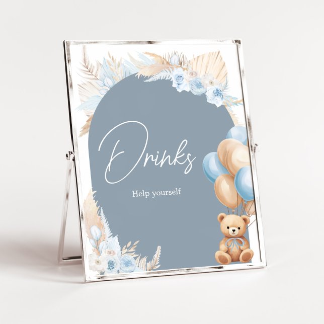Poster Boho Blue Bear Balões de Chá de fraldas Bear (Sage Blue Balloons Baby Shower Drinks Sign)