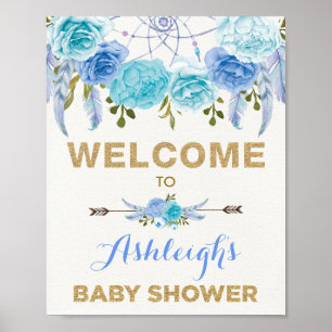 Poster Boho Blue Floral Dreamcatcher Chá de fraldas Bem-v