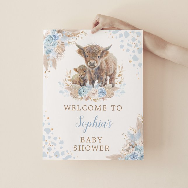 Poster Boho Blue Highland Cow Baby Boy Welcome (Criador carregado)