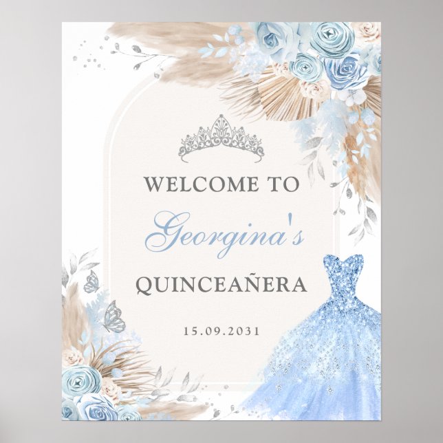 Poster Boho Blue Silver Quinceañera 15 Birthday (Frente)