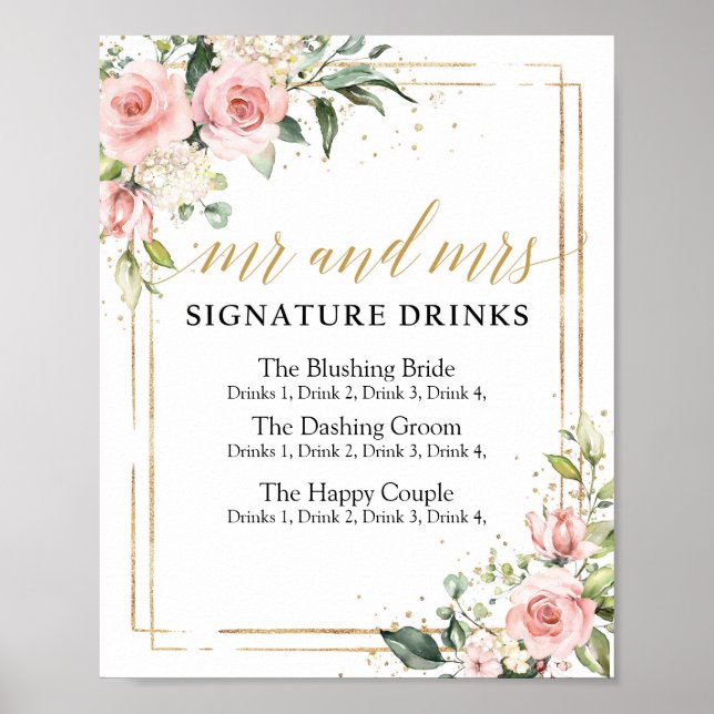 Poster Boho bluhs pink floral gold signature drinks sign (Frente)