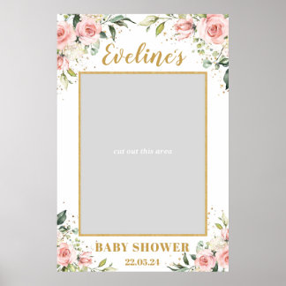 Poster Boho blush cor-de-rosa chá de fraldas de ouro flor