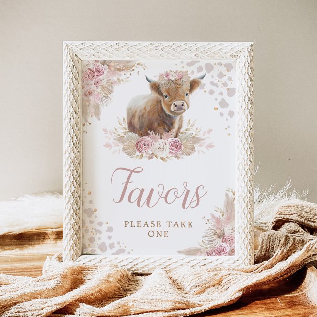 Poster Boho Blush Pink Highland Cow Favor Sinal (Criador carregado)