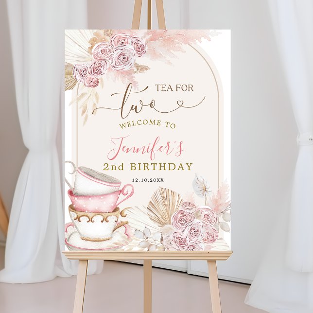 Poster Boho Blush Pink Tea for Two Birthday Welcome Sign (Criador carregado)