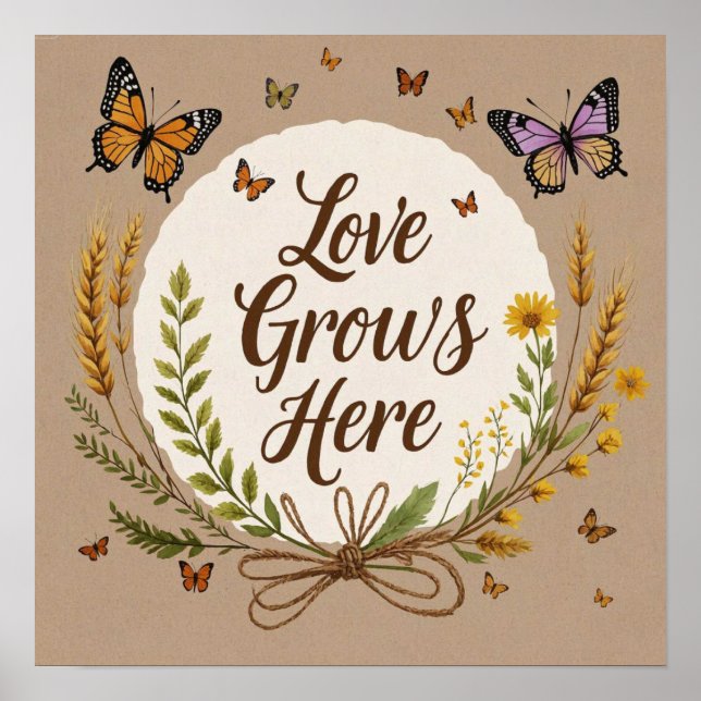 Poster Boho Bohemian Flores, borboletas, trigo (Frente)