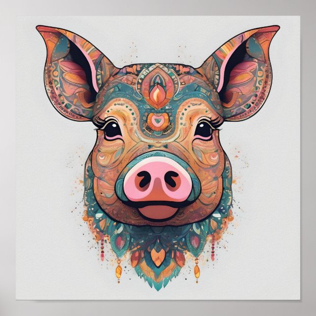 Poster Boho Bohemian Pig Whimsical Wall Art (Frente)