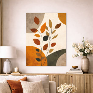 Poster Boho Botânico Folhas Abstratas Tom Terra Neutro