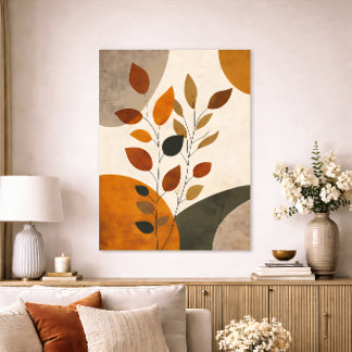 Poster Boho Botânico Folhas Abstratas Tom Terra Neutro