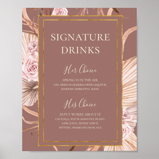 Poster Boho Botânico | Sinal de Bebidas com a Assinatura  (Frente)
