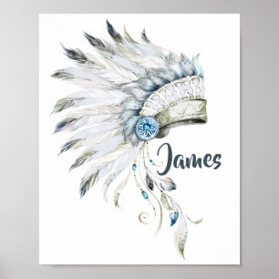 Poster Boho Boy Feather Headdress Nursery Art