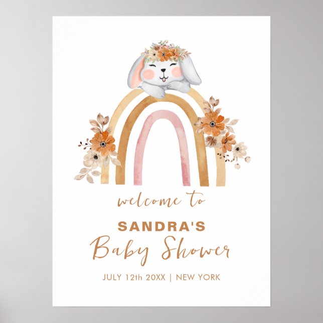 Poster Boho Bunny Rainbow Chá de fraldas Floral Welcome (Frente)