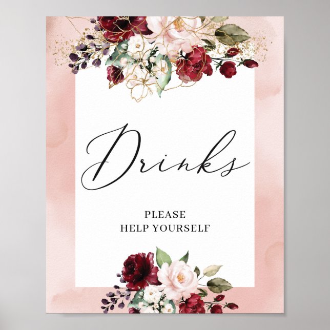 Poster Boho burgundy blush cor-de-rosa, placa de bebidas  (Frente)