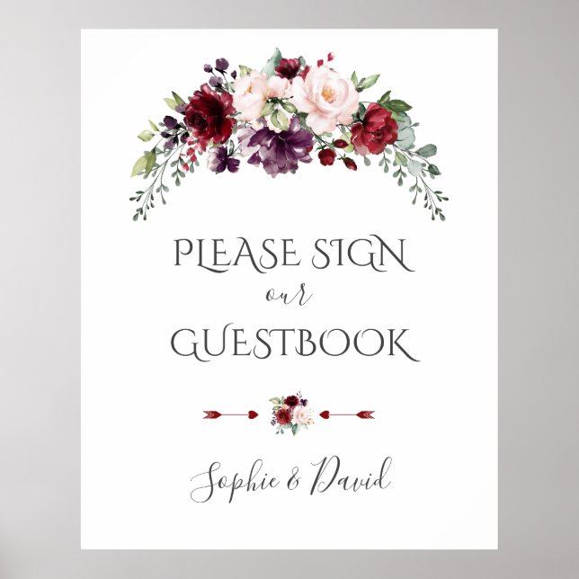 Poster Boho Burgundy Blush Weding Sign Our Guestbook (Frente)
