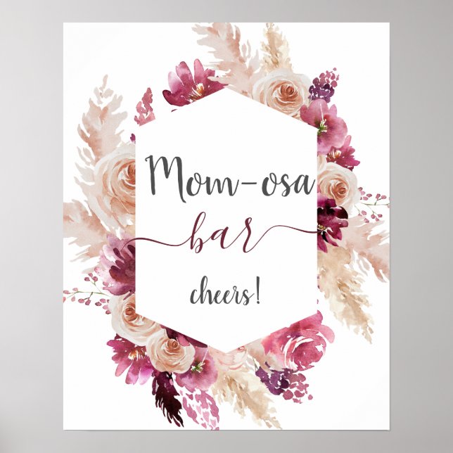 Poster Boho Burgundy - Chá de fraldas Floral Moça Mama (Frente)