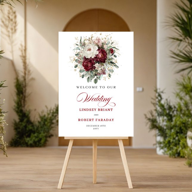 Poster Boho Burgundy Floral Verde Bem-Vindo Botânico (Botanical Boho Burgundy Floral Greenery Welcome Sign)