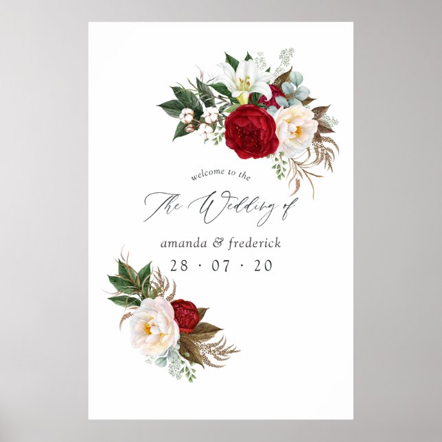 Poster Boho Burgundy - Marsala Floral Wedding Bem-vindo (Frente)