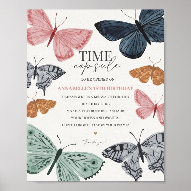 Poster Boho Butterfly Time Cápsula Sinal de Aniversário (Frente)