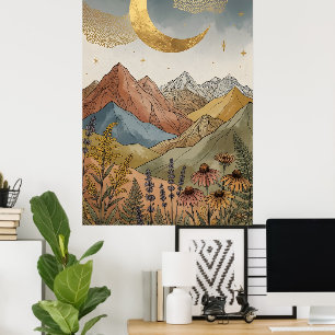 Poster Boho Celestial Dourado Crescente Lua Montanha