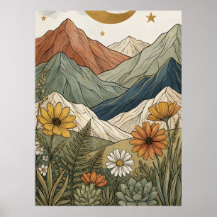 Poster Boho Celestial Estrela Montanha Suculenta