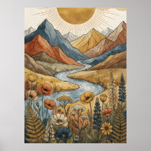 Boho Celestial Explosão Solar Montanha Rio Lupino