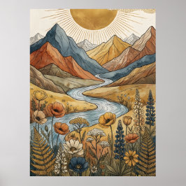 Poster Boho Celestial Explosão Solar Montanha Rio Lupino