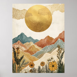 Poster Boho Celestial Grande Sol de Ouro Montanha