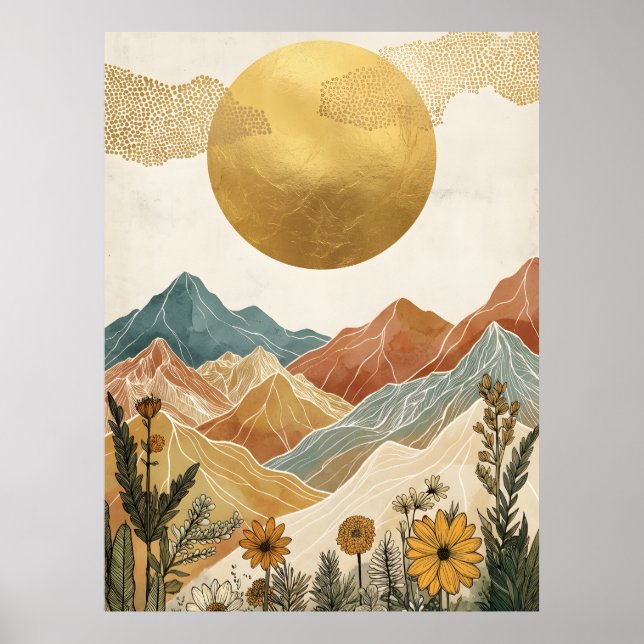 Poster Boho Celestial Grande Sol de Ouro Montanha (Frente)