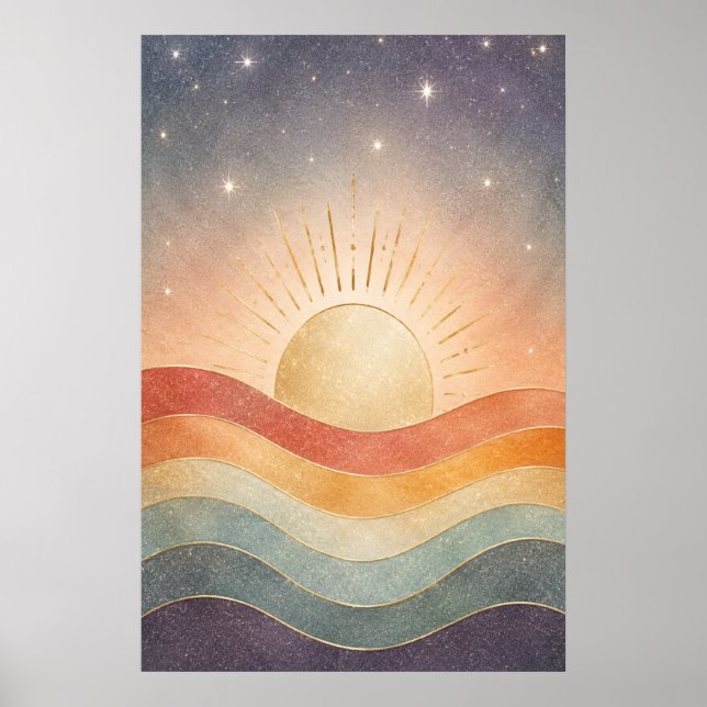 Poster Boho Celestial Nascer do Sol Abstrato Moderno Dese (Frente)