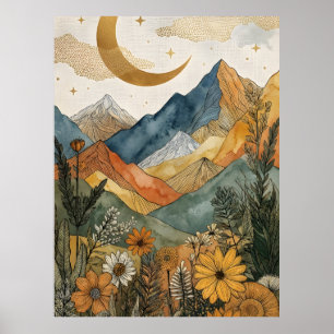 Poster Boho Celestial Ouro Lua Montanha Flor Silvestre