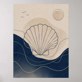 Poster Boho Costeiro Conchas e Ondas do Oceano Azul Profu