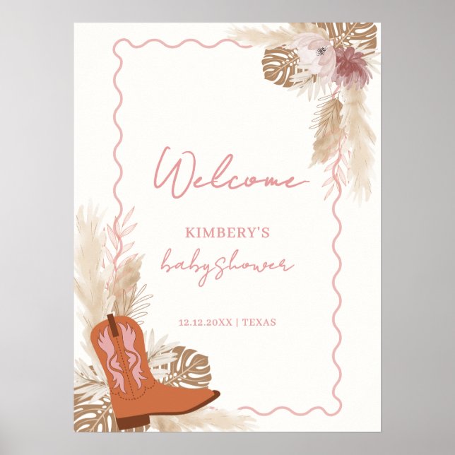 Poster Boho Cowgirl Boots Pampas Chá de fraldas Welcome (Frente)