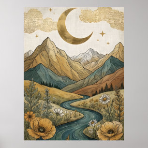 Poster Boho Crescente Celestial Lua Montanha Rio