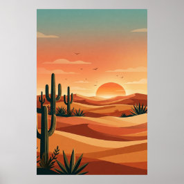 Poster Boho Desert Sunset Dunes with Cactus & Flying Bird
