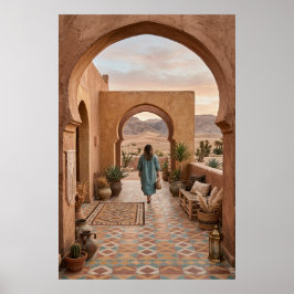 Poster Boho Desert Woman Walking to Sunset Arches, Cactus