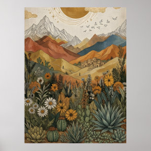 Poster Boho Deserto Montanha Cactus Pueblo Sol