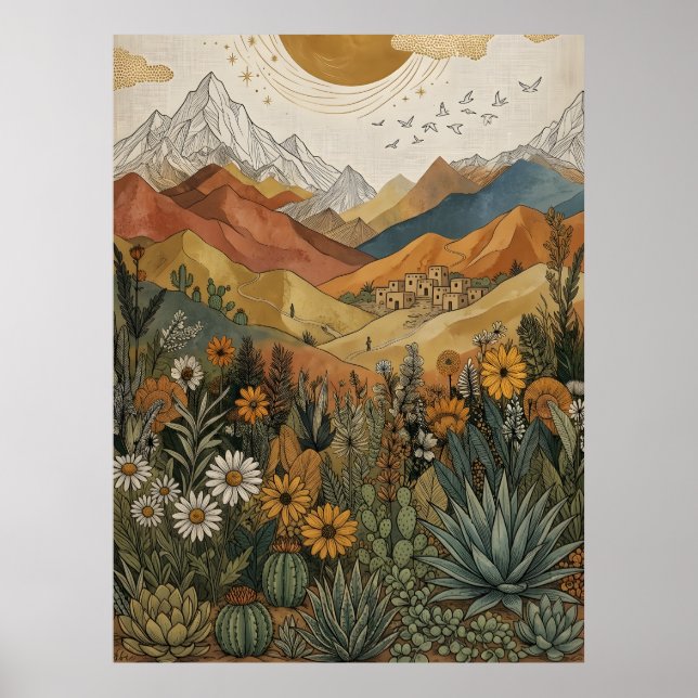 Poster Boho Deserto Montanha Cactus Pueblo Sol (Frente)