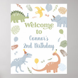 Poster Boho Dinossauro Blue Boho Aniversário Bem-vindo