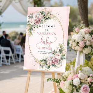 Poster Boho Dourado Rosa Floral Bebe Chá de Bebê Sinal de